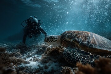 Obraz premium Diver explores underwater scene with a sea turtle in a vibrant marine habitat during daytime