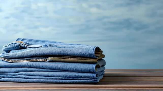 Neatly folded stack of blue denim jeans clothing resting on rustic wooden surface against textured blue background