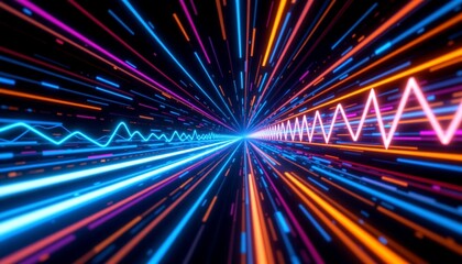 Fototapeta premium a futuristic tunnel of neon lights, leading towards a bright light at the end.