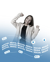 Social media enthusiast celebrates engagement with creative graphics and joyful expressions in a...