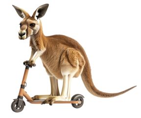 Kangaroo with scooter base instead of legs creates surreal and whimsical hybrid, showcasing motion and creativity., isolated
