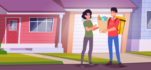 Urban delivery. Courier of foods working in city exact vector background delivery service