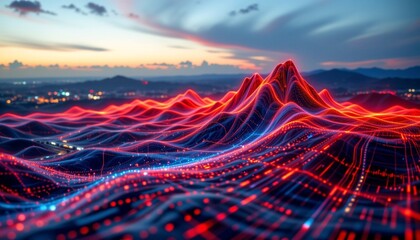 a vibrant display of data visualization atop a large mountain range during sunset
