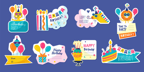 Birthday stickers. Badges with celebration colored funny elements recent vector designs template