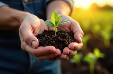 A sprout with land in the hands of a farmer against the background of a sown field