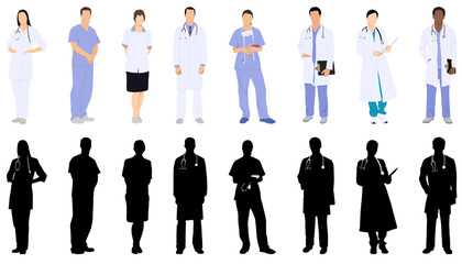 Hospital doctors and nurses. Doctor with stethoscope, nurse in scrubs and face mask. Medical student volunteer and intern character. Medical staff vector illustration. Profession physician in uniform