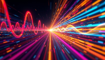 a dynamic digital artwork featuring a vibrant array of colored lights that create an illusory sense of motion and distance, reminiscent of l