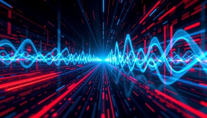 a dynamic digital art piece featuring a futuristic space scene with glowing lines and an array of sound wave patterns in neon colors against