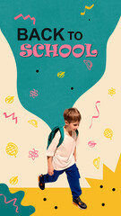 Bold visual mashup. Little boy with a teal backpack steps forward on a bright artistic background...