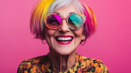 Senior woman with vibrant multicolored hair and stylish sunglasses smiles joyfully against a bright pink background, showcasing a lively and cheerful personality in a modern portrait