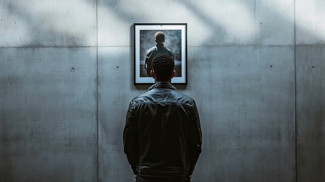 Man contemplates framed portrait, somber reflection.