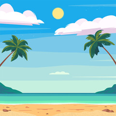 Tropical beach landscape. Sunny day with clear blue sky, clouds, and a bright sun. Palm trees frame the scene. Can be used as a background for summer, vacation, or travel themes. Vector illustration
