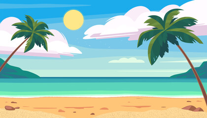 Tropical beach landscape. Sunny day with clear blue sky, clouds, and a bright sun. Palm trees frame the scene. Can be used as a background for summer, vacation, or travel themes. Vector illustration