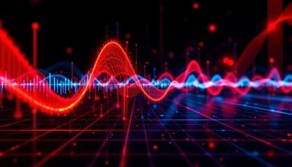 an abstract digital art piece featuring a grid of red squares, which could be interpreted as a visual representation of a sonogram or sound