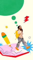 Joyful girl with a yellow backpack leaps from an illustrated book, surrounded by symbols of...