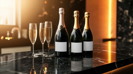 Elegant Champagne bottles toast to new beginnings shimmering warm golden light