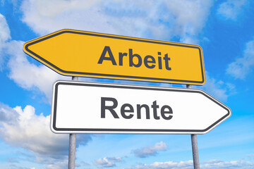 Wegweiser - Arbeit - Rente - Himmel - Wolken
