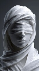 Sculpture minimaliste en blanc : visage voile de tissu vaporeux
