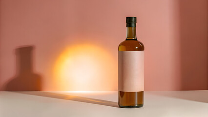 Fototapeta premium A bottle of amber Olive oil, bathed in warm, golden light, casts a dramatic shadow on a blush-pink backdrop.