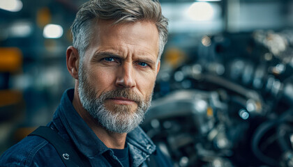 Fototapeta premium Confident mature man in a garage surrounded by motorcycles