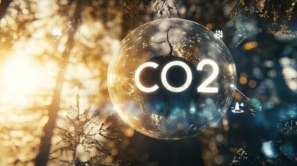 Transparent sphere displaying co2 emissions in a forest.