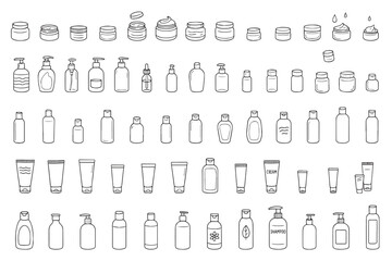 Set of bottles and tubes of cosmetics, jars for skin care. Face, hair and body cream doodles. Vector hand-drawn line illustrations on white background. Vector illustration