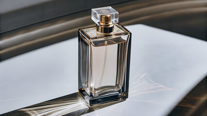A sophisticated rectangular perfume bottle, showcasing a delicate light beige hue.