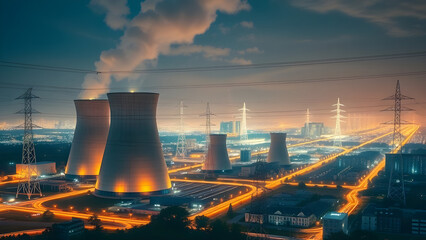 Nuclear power station at night with industrial smoke and steam rising from cooling towers into the sky, symbolizing energy production and environmental concerns