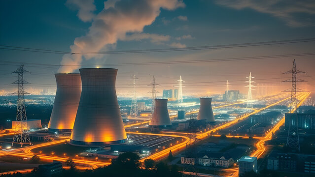 Nuclear power station at night with industrial smoke and steam rising from cooling towers into the sky, symbolizing energy production and environmental concerns