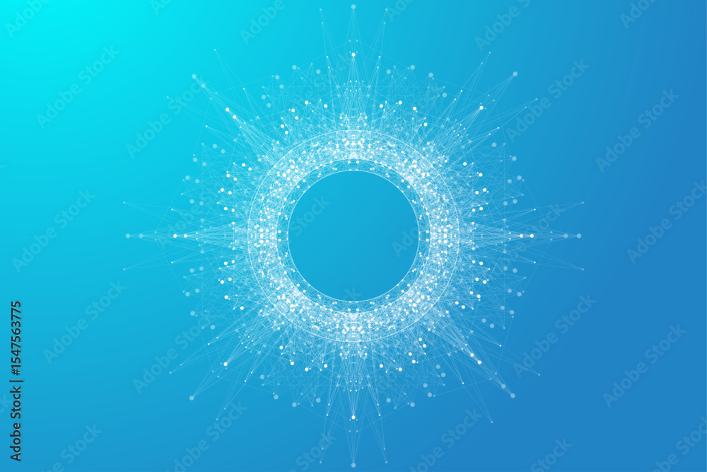 Poster Scientific vector illustration quantum computer technology. Plexus fiction effect. Deep learning artificial intelligence. Big data algorithms visualization. Quantum explosion background.