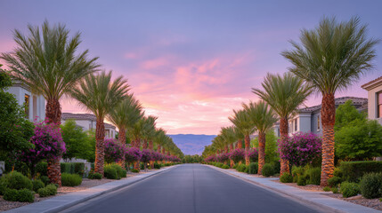 Fototapeta premium Palm tree lined street luxury residential area sunset sky mountain view vibrant flowers green bushes calm atmosphere