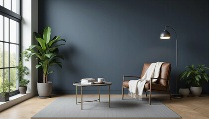 Modern interior of living room with leather armchair on wood flooring and dark blue wall 