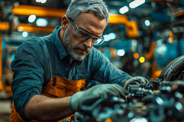 Obraz premium Skilled male technician working on automotive engine in a factory setting