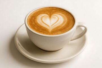 Hot latte with heart-shaped foam in white ceramic cup