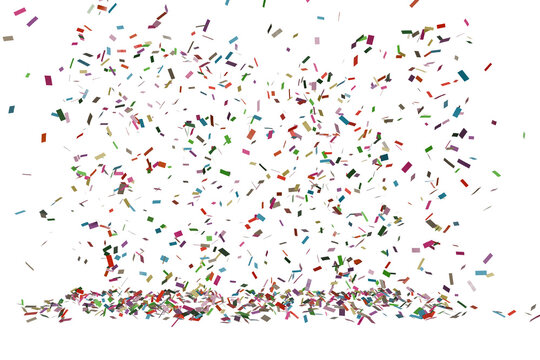 A vibrant explosion of multicolored, small. The shapes appear to be falling and accumulating at the bottom, creating a pile. The overall effect is one of chaotic energy and festive celebration