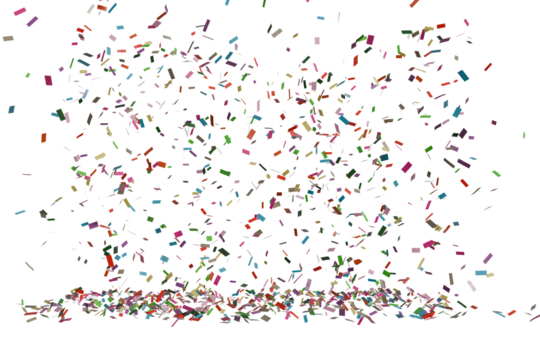 A vibrant explosion of multicolored, small. The shapes appear to be falling and accumulating at the bottom, creating a pile. The overall effect is one of chaotic energy and festive celebration