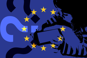 EU debate on children's mobile and social media access. EU flag with question mark and smartphone silhouette for digital age limits and online safety for minors