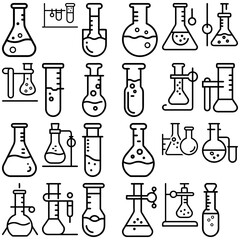 Collection of various laboratory glassware including flasks and test tubes in a black and white style