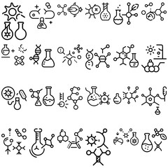 Collection of science icons featuring beakers molecules dna strands and various scientific diagrams in black and white