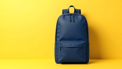 Stylish blue backpack against a vibrant yellow backdrop, perfect for students and travelers, blending fashion with practicality.
