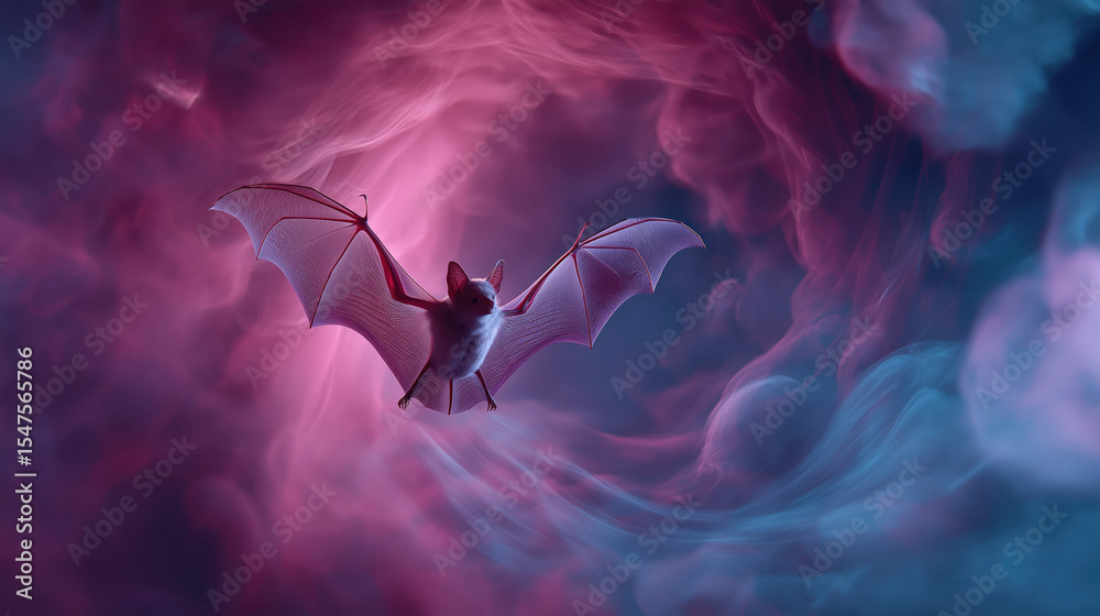Poster bat with velvet wings spins within vibrant vortex of swirling pink and blue mist, creating mystical 