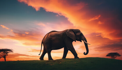 Naklejka premium majestic elephant walking on grassy hill during vibrant sunset, with dramatic orange and pink sky and scattered acacia trees in background, evoking serene and awe inspiring atmosphere.
