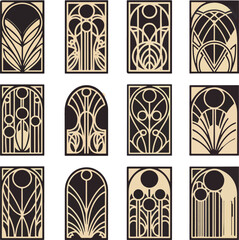 Art deco decorative panels with geometric and floral designs on transparent background