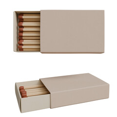 Two views of a closed and open matchbox, showcasing light beige cardboard exterior and numerous...