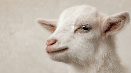 Obraz premium Close up portrait of young goat with gentle expression, showcasing its soft white fur and curious eyes against neutral background