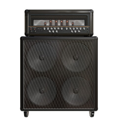 A dark-grey guitar amplifier stack, featuring a head unit with vacuum tubes atop a 4x12 cabinet...