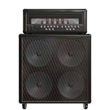A dark-grey guitar amplifier stack, featuring a head unit with vacuum tubes atop a 4x12 cabinet with angled speaker grilles and casters.  The head displays indicator lights