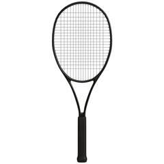 black tennis racquet with a graphite-like head and a textured grip is presented against . The racquet's strings are tightly woven in a geometric pattern.  The overall design is minimalist and modern