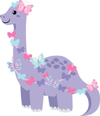 Adorable Purple Dinosaur with Butterfly Garland Cute Illustration for Kids