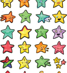 Diverse colorful star emoticons with various emotions and artistic cartoon style